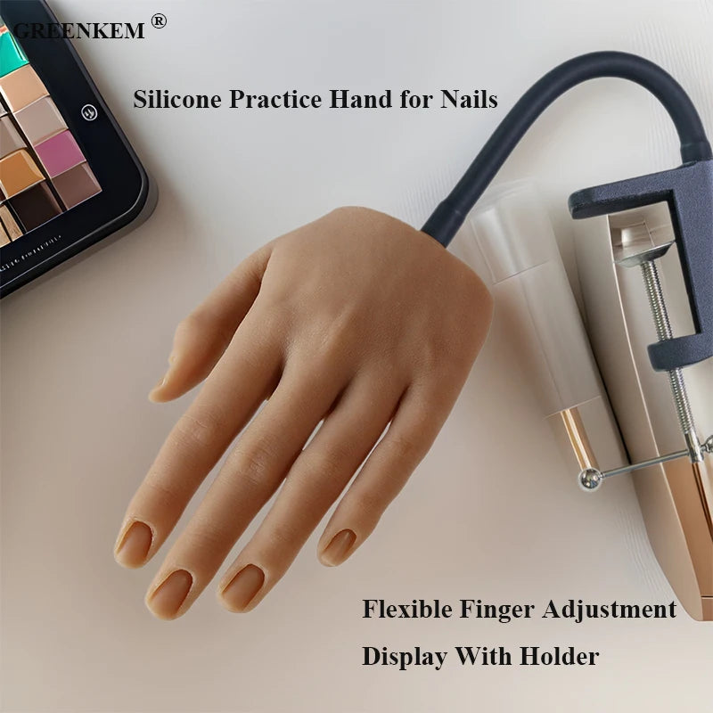 Training Realistic Silicone Hand Flexible Finger Adjustment Display With Holder Silicone Practice Hand for Nails