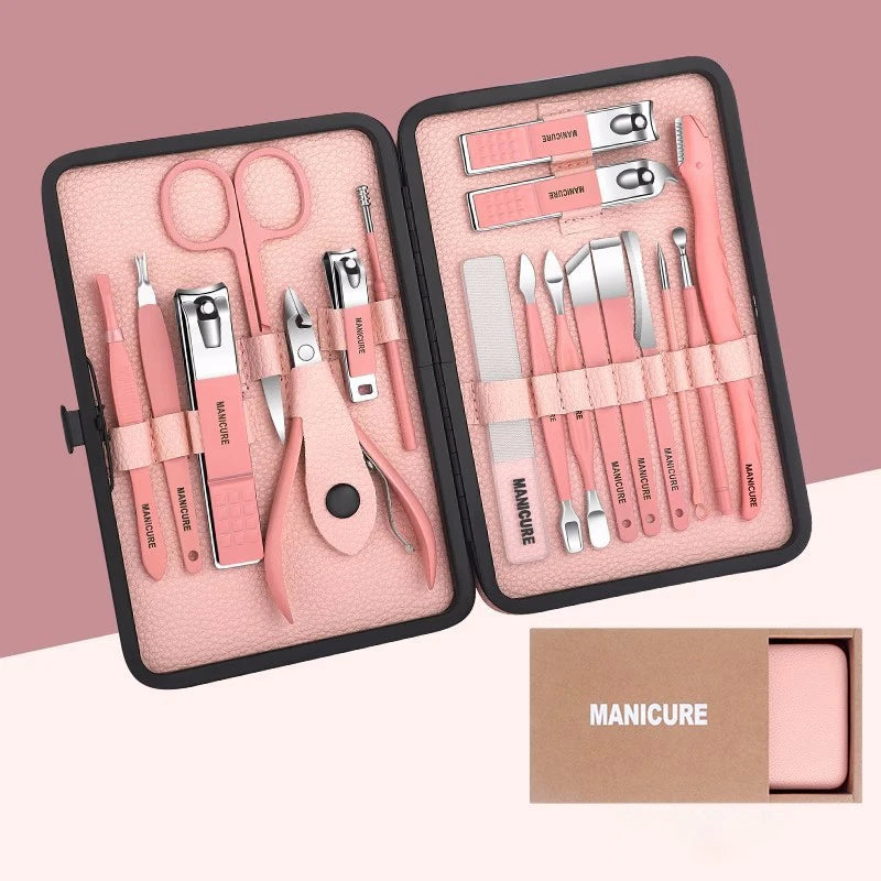 Pink Manicure Set Professional Nail Clippers Kit Pedicure Care Tools- Stainless Steel Women Grooming Kit 18Pcs