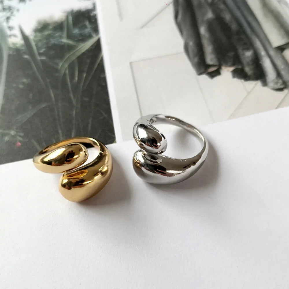 Exaggerated Opening Adjustable Chunky Dome Rings Women Fashion Gold Plated Irregular Double Waterdrop Winding Hug Rings