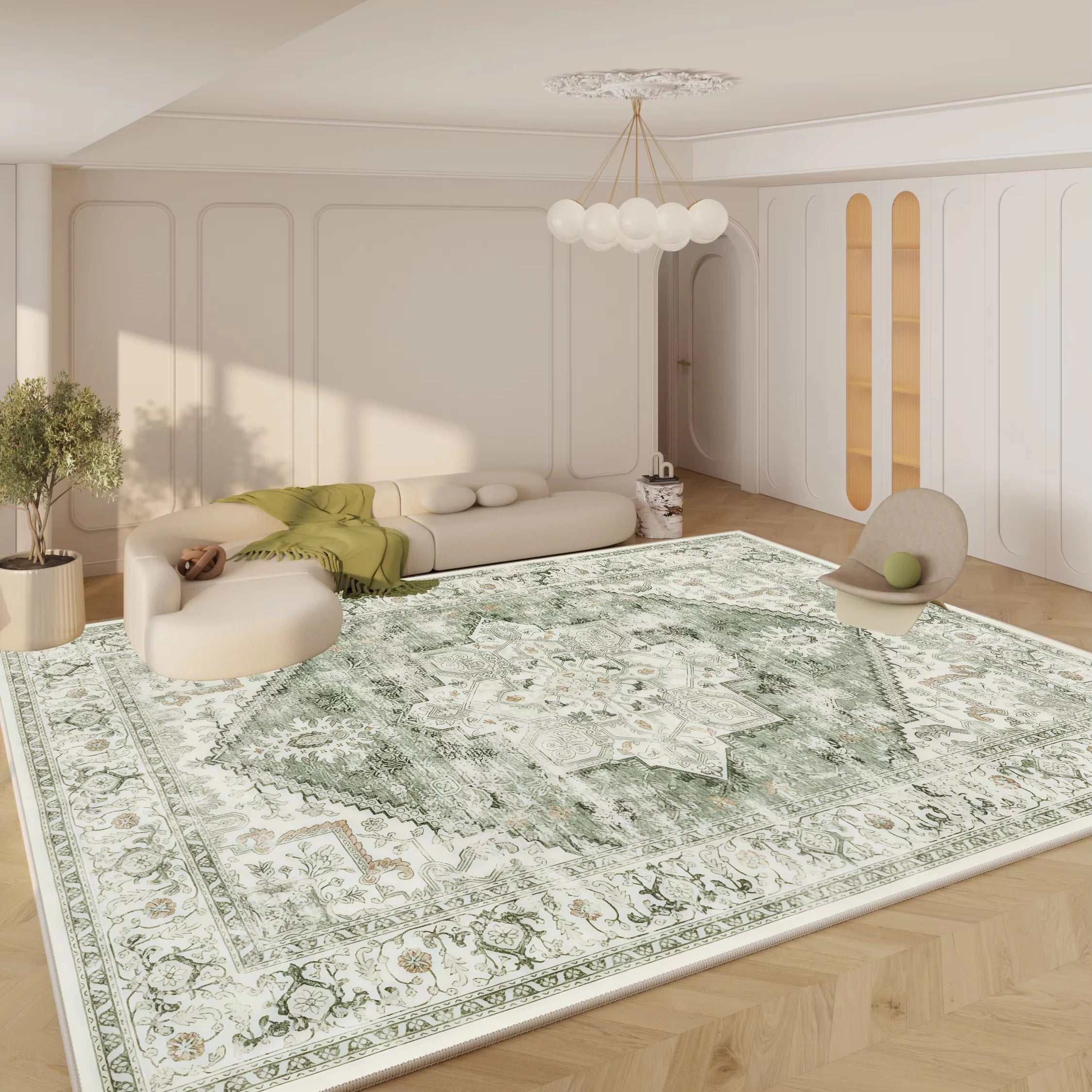 Persian Floral Print 6x9 Area Rug Green Non-Slip Indoor Carpet for Kitchen Living Room Bedroom Dining Room Machine Washable