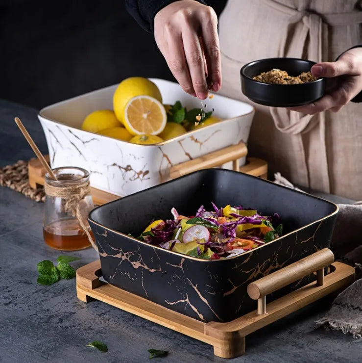 Square Ceramic Salad Bowl with Bamboo Stand Ceramic Fruit Salad Bowl Big Size 21cm