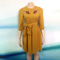 Elegant Pleated A-Line Dress African Clothes Autumn Embroidery O-Neck Knee Length Dress Office Lady Party Club