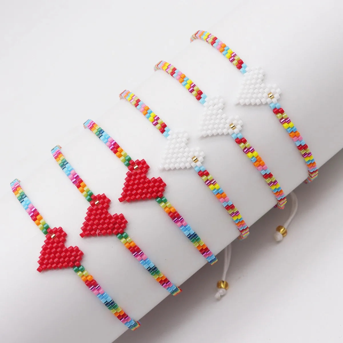 Handmade Custom Bohemia Style Miyuki Beaded Adjustable Red White Heart Shaped Women's Bracelet Fashion Gift