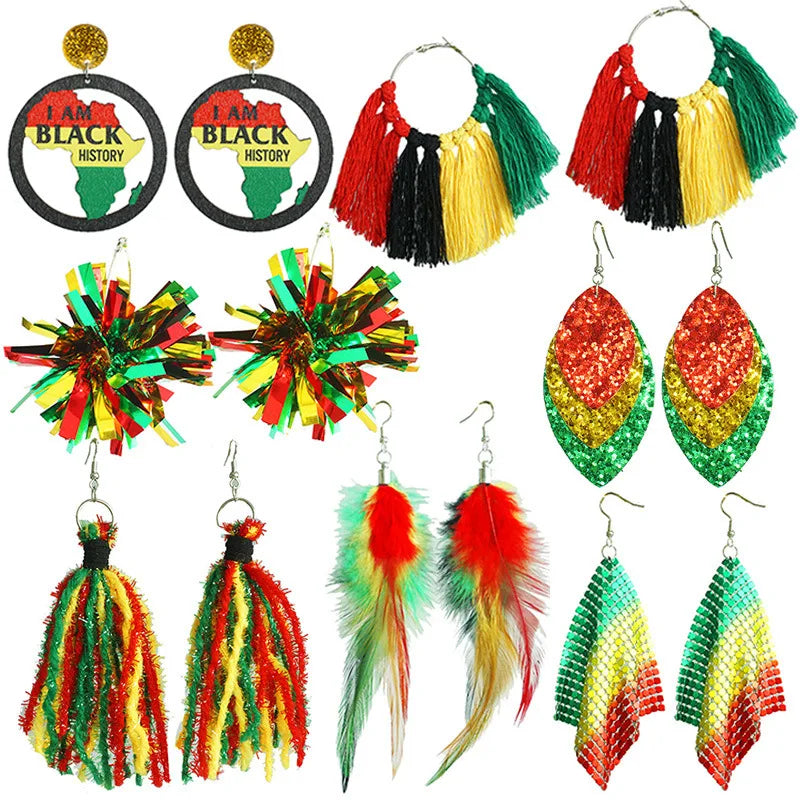 African Inspired Jewelry Black History Juneteenth Tassel Hoop Earrings Red Yellow Green Black History Month Celebration Earrings
