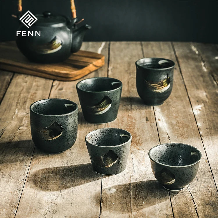 FENN Wholesale Japanese Style Porcelain Tea Cups Sets Coffees Ceramic Cup Custom Stoneware Tea Mugs for Restaurant