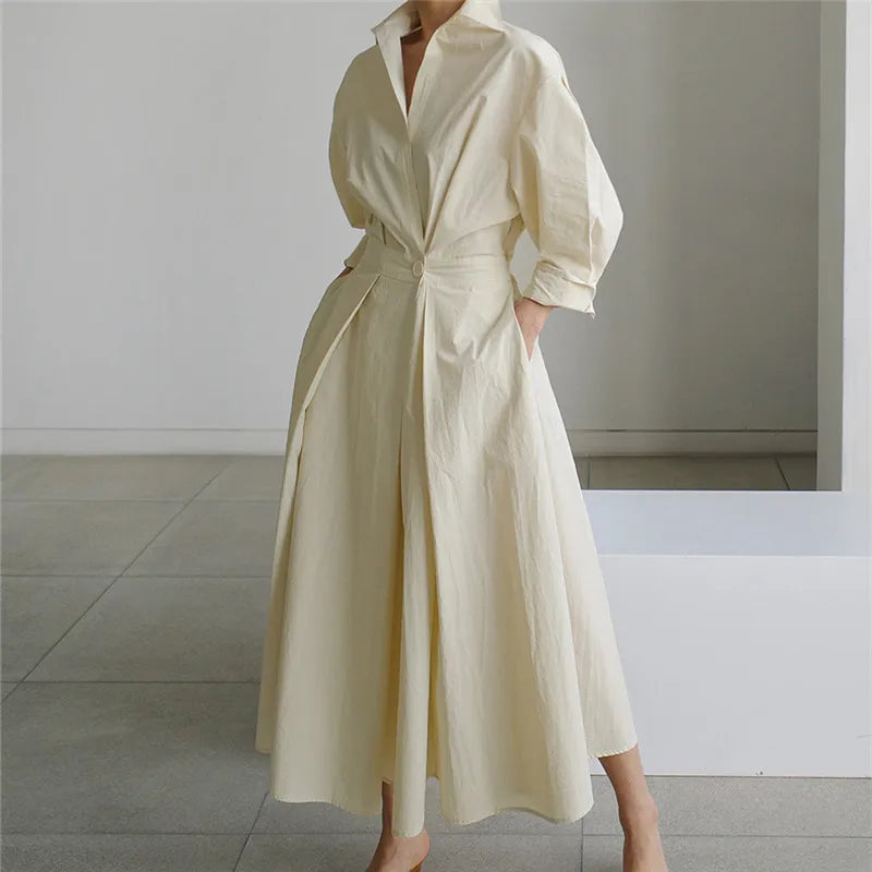 Wholesale 2025 Autumn New Loose Long-sleeved Shirt Dress Elastic High Waist Slimming College Style Fashion Over-the-knee Dress