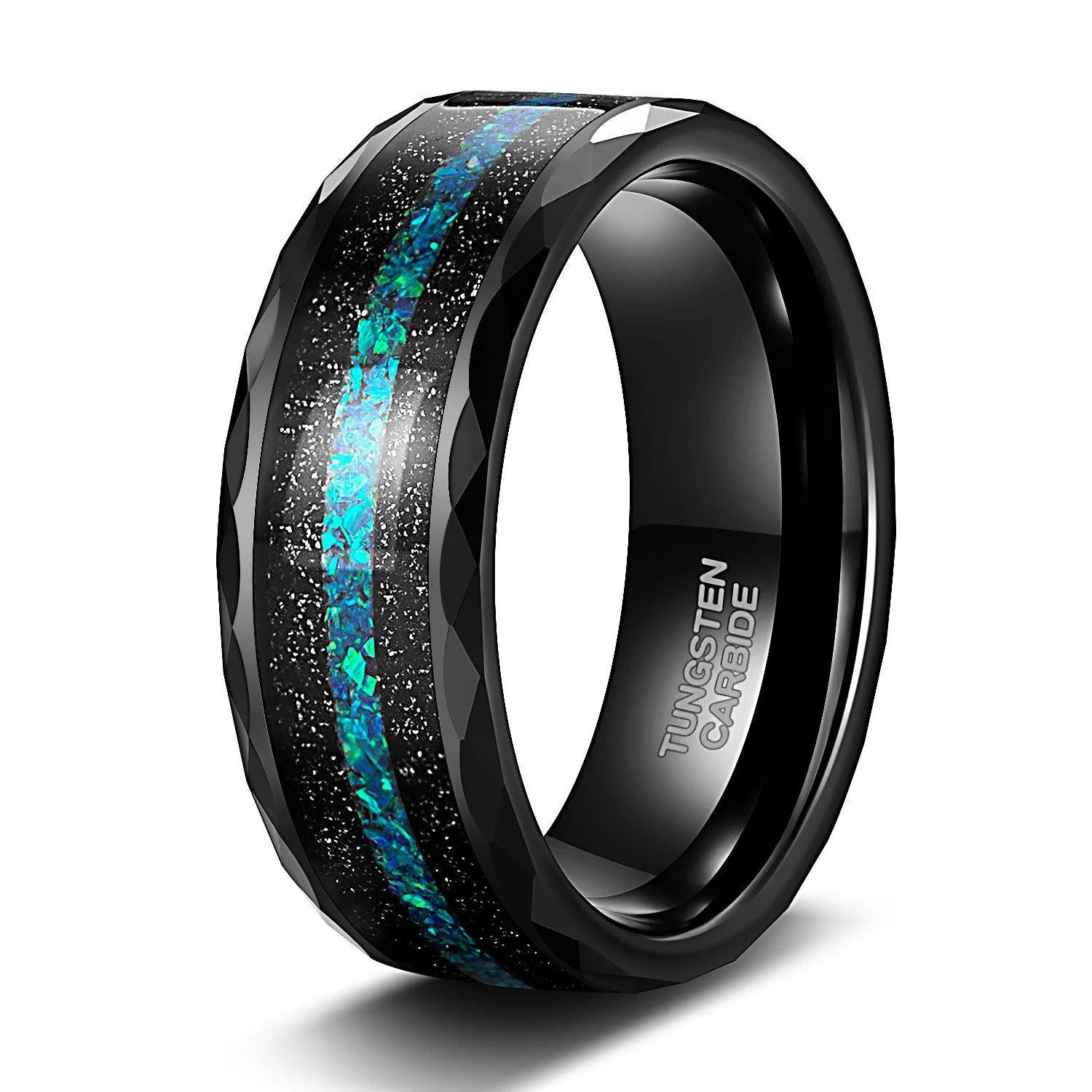 OLAN 8mm Mens Multi-Faceted Edge With Black Sand and Green-Blue Opal Inlay Tungsten Carbide Wedding Rings Fashion Jewelry