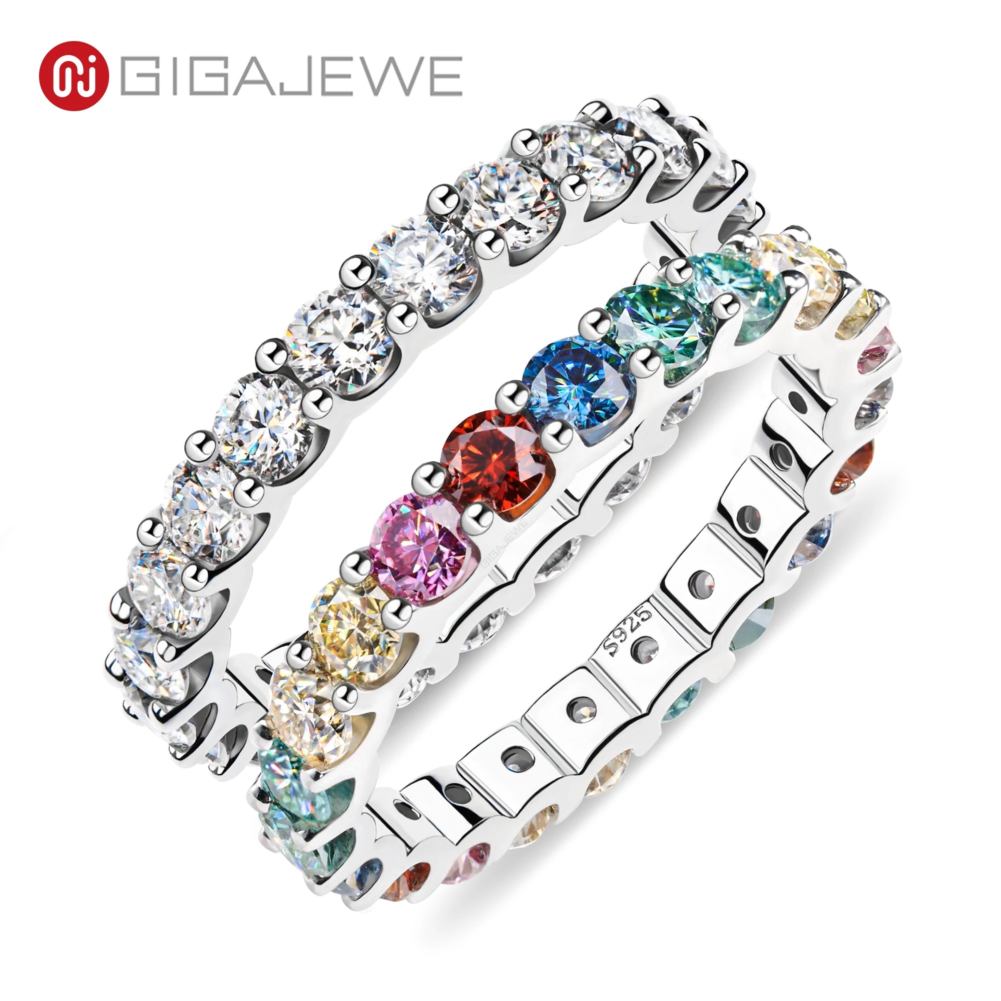 GIGAJEWE 3.0mm Moissanite Round Cut White D and Rainbow Color 925 Silver 18k Gold Plated Classic Eternity Band Rings