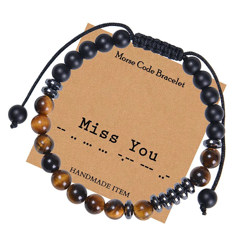 Hot Miss You Morse Code Natural 6mm Tiger Eye Crystal Stone Beads Couple Woven Bracelet Adjustable Jewelry