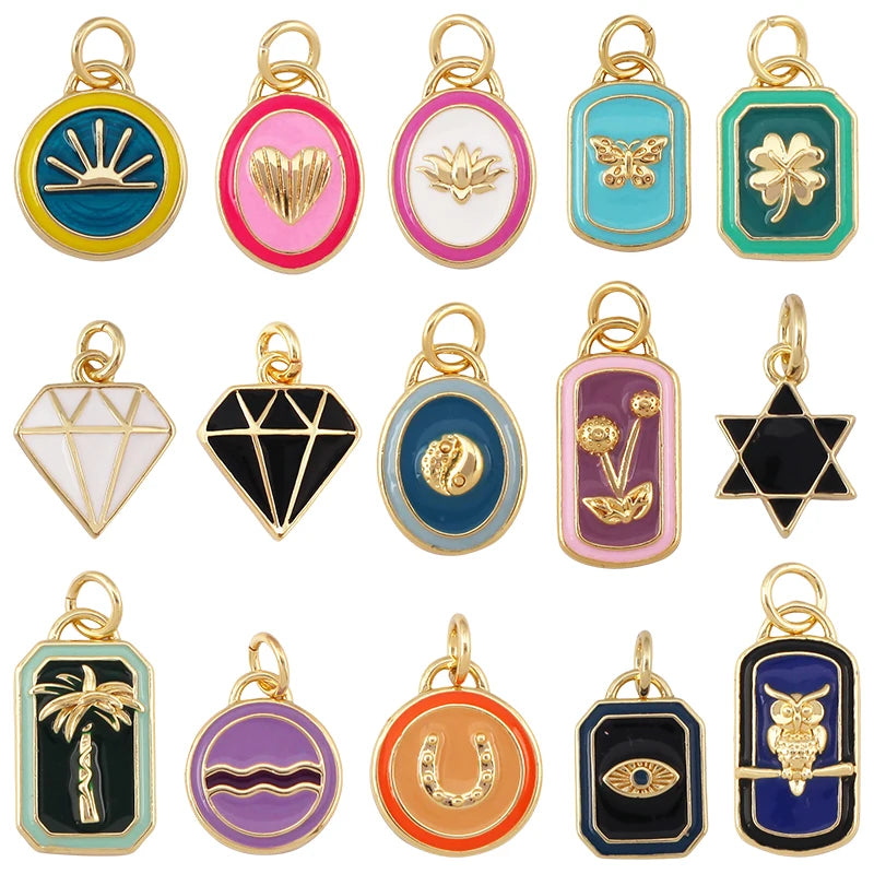 Trendy Colorful Enamel Geometry Charm PendantReal 18k Gold Plated Zircon Necklace Bracelet Jewelry Findings Supplies S43