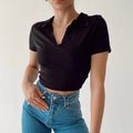 Calvera Women Placket Polo Tee Shirt Ladies Short Sleeve Casual Crop Tops Summer Rib-Knit Short Polo T Shirt