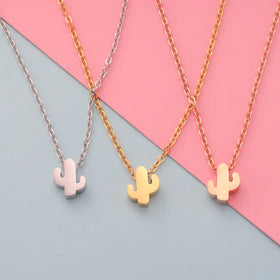 Customizable DIY Stainless Steel PVD Plated 18K Gold Silver Pendant Rose Simple Cactus Symbol Necklace