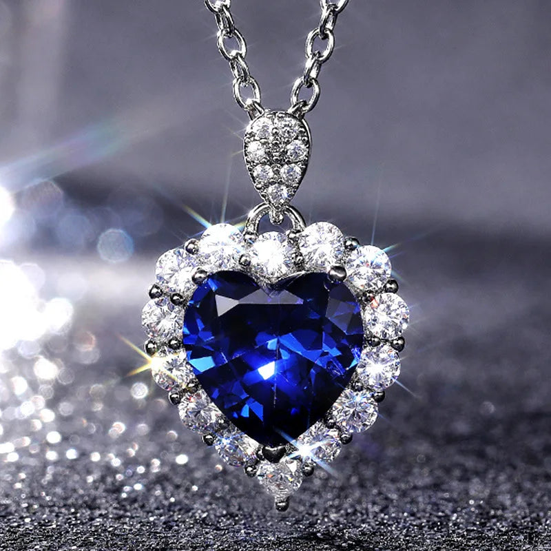 Huitan Deep Blue Heart Necklace Jewelry Gift Silver Plating Link Chain Necklace for Women Romantic Blue Heart Necklace
