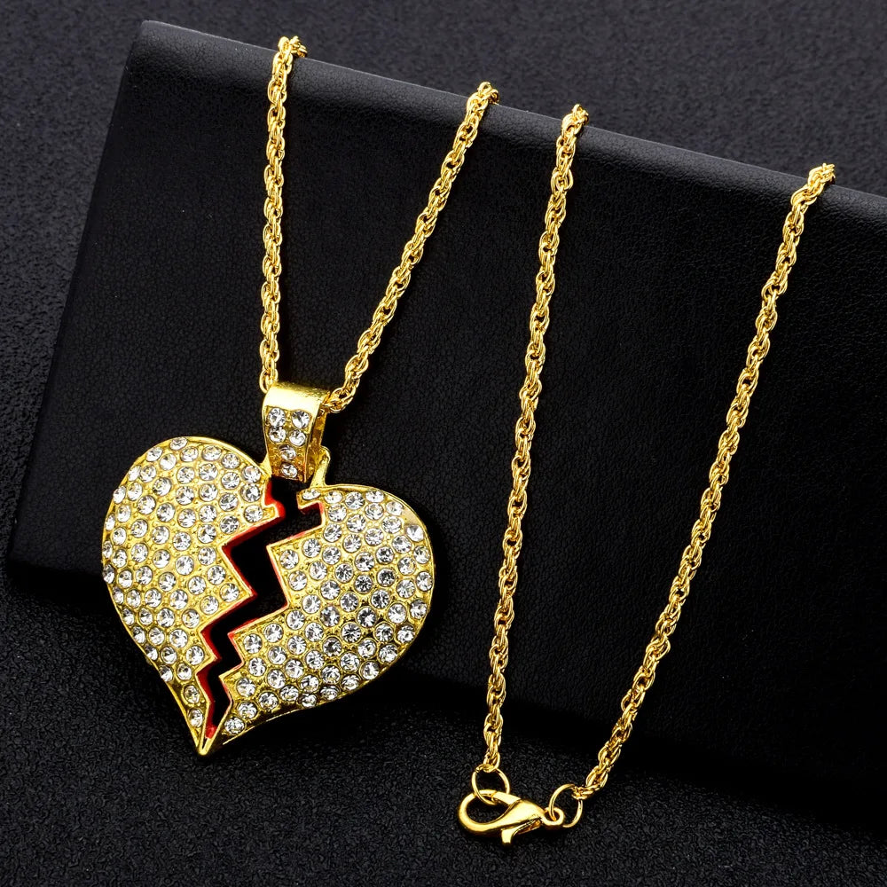 New Broken Heart Pendant Necklace Gold Silver Color Zirconia Hip Hop Necklace with Rope Chain for Men Jewelry
