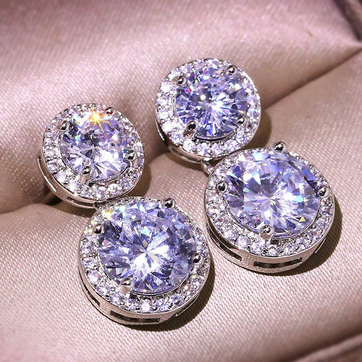 Huitan Bling Bling Girls Shiny Double Round Drop Earrings Trendy Silver Luxury Zircon Beautiful Earrings Women