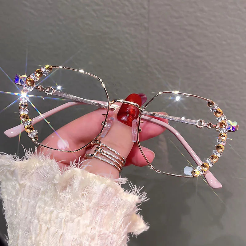 8870 Rhinestone Diamond Luxury Women Metal Cat Eye Optical Frame Anti Blue Light Eyewear Anti Reflective Glasses