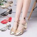 Women's Modern Mid-Heel Satin Leather Ballroom Latin Dance Shoes with Soft Ballet Lining for Adults and Girls