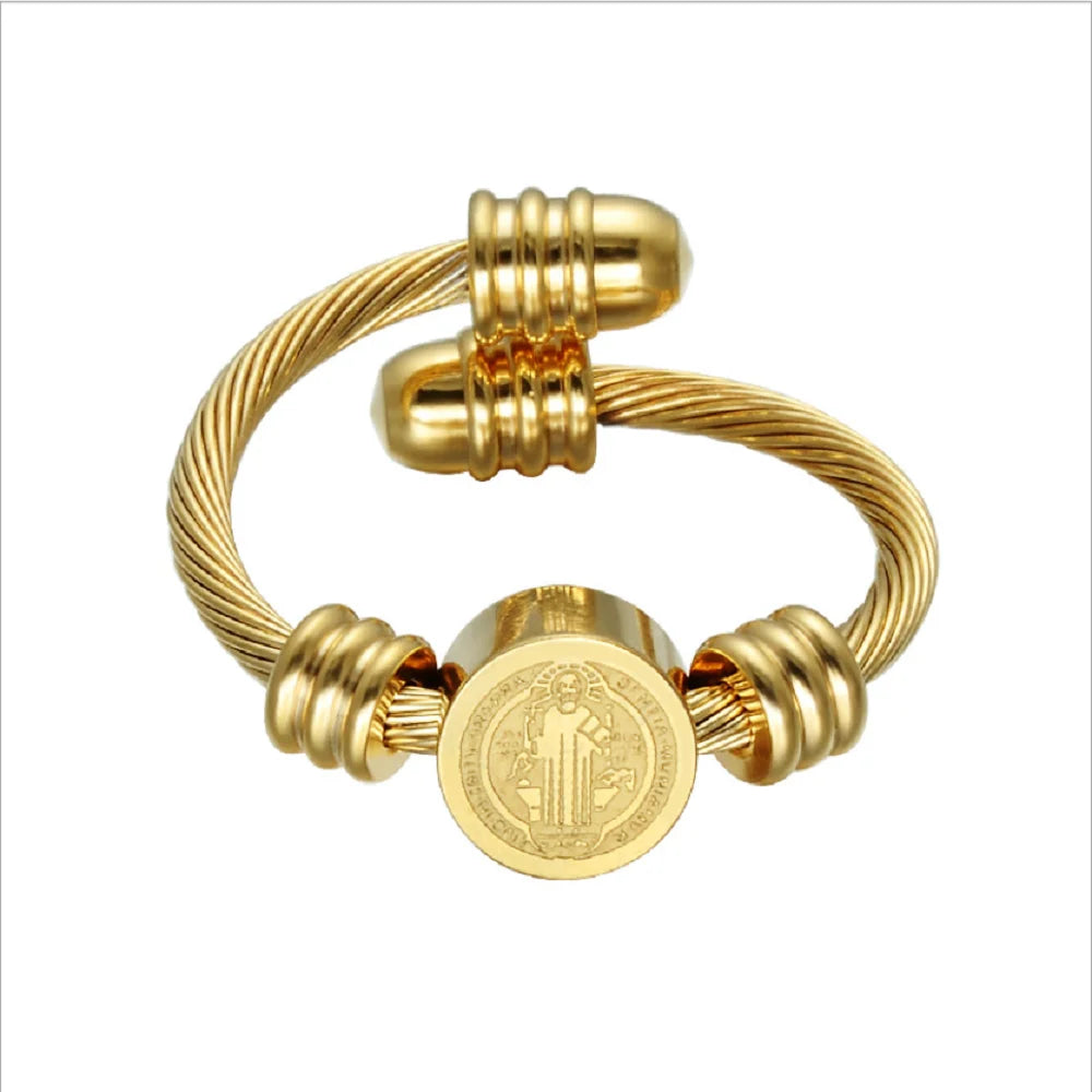 Fashion Stainless Steel Religion Catholicism  Jewelry Charm Adjustable Open Men Ring Bracelet Saint Benedict Jewellery Set