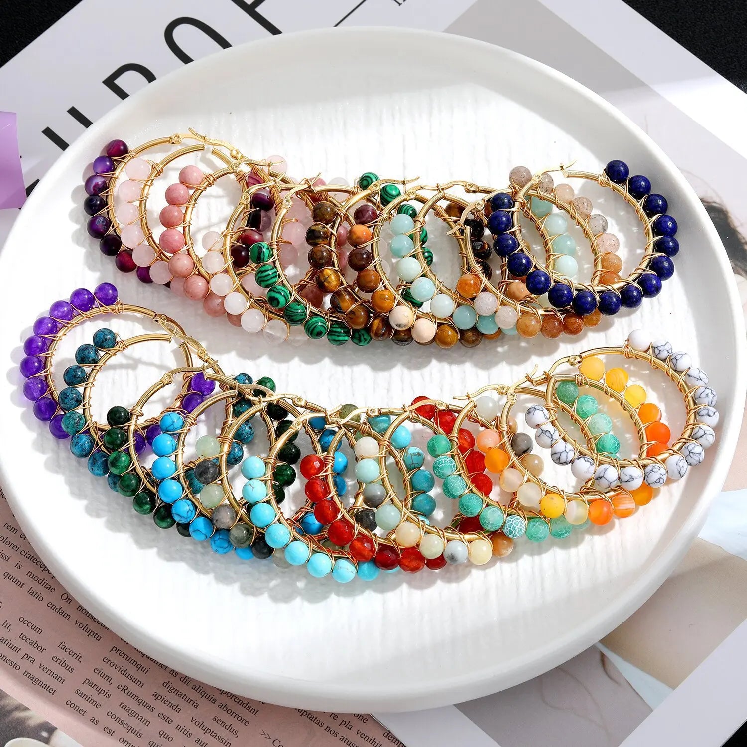 Hot Sale Bohemia Big Hoop Earrings Stainless Steel Natural Stone Round Bead Hoop Earrings for Women