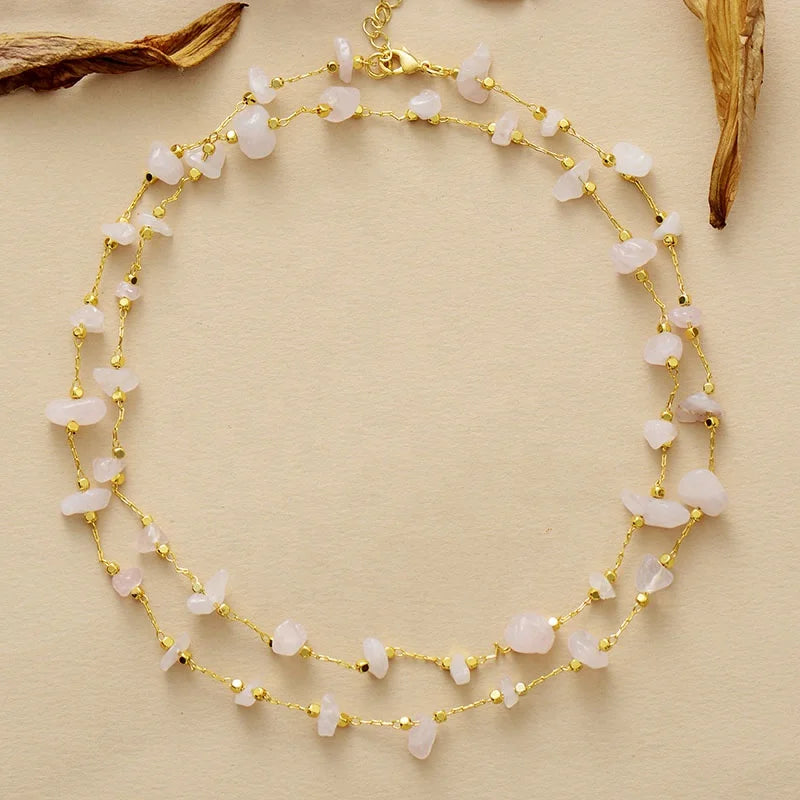Gold Plated Link Chain Necklace with Rose Quartz and Imitation Pearl Brass Stone Beads Jewelry for Gift Wedding Anniversary