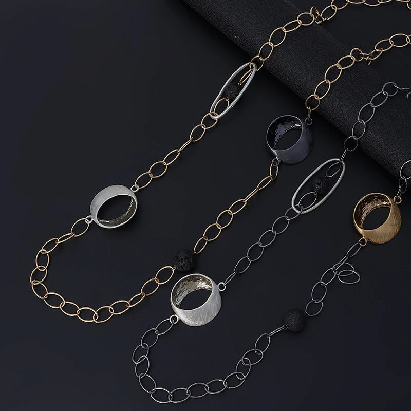 TongLing European Natural Stone Alloy Luxury Jewelry Volcanic Rock Circle Oval Long Sweater Chain Necklace for Daily Wearing