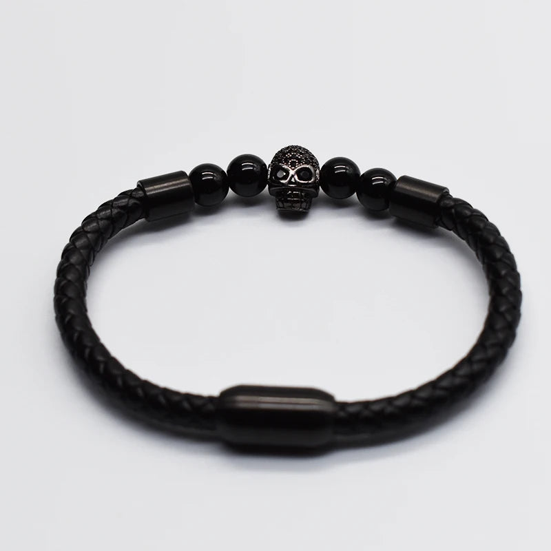 BMZ 2026 Men's Real Leather Braided Bracelet Matt Gold All Black Skull Classic Style Gold Plated for Gifts and Parties