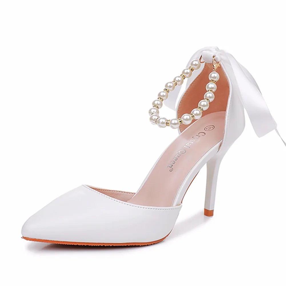 9 cm Heels Sandals Plus Size White High Heel Shoes for Women Stiletto Heel Pointed Toe Pearls Strap Sandals Bride Wedding Shoes