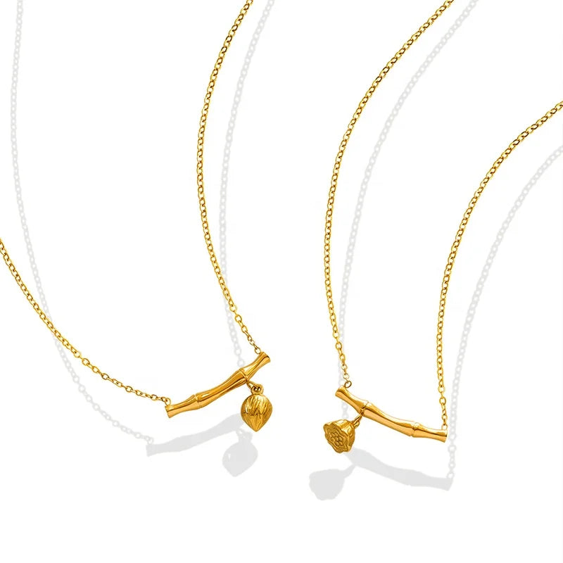 Hot Selling New Bamboo Lotus Pendant Titanium Steel Plated 18K Gold Pendant Necklace