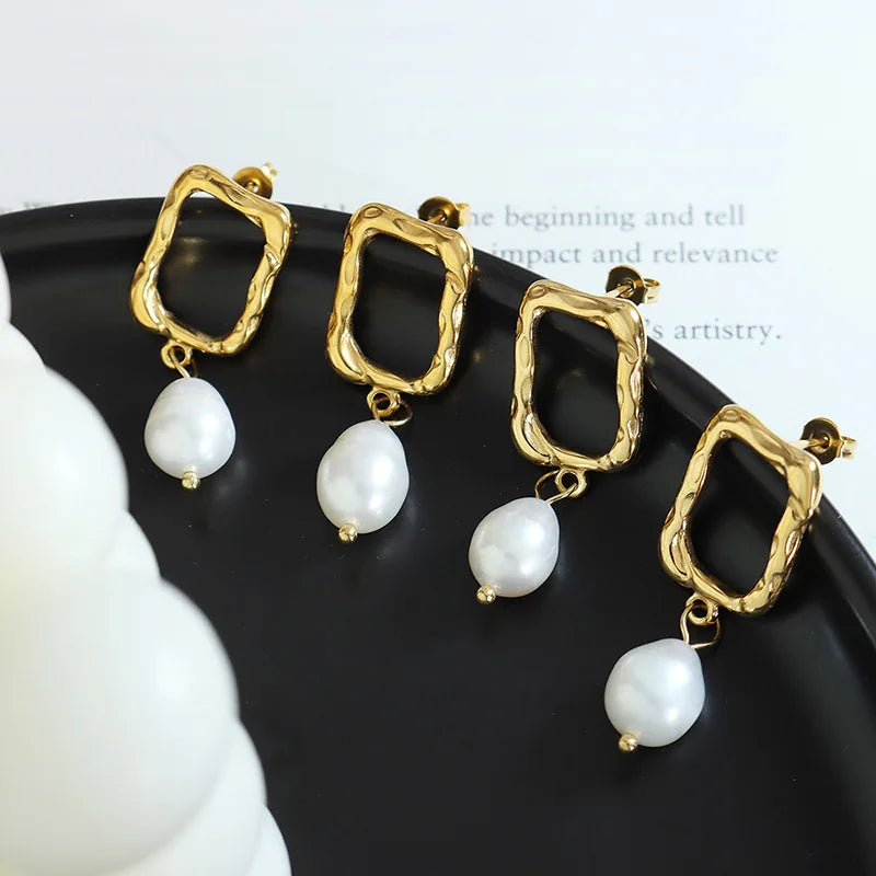 Trendy 316l Square Earrings Natural Pearl 18k Gold Plated Stainless Steel Women Earrings