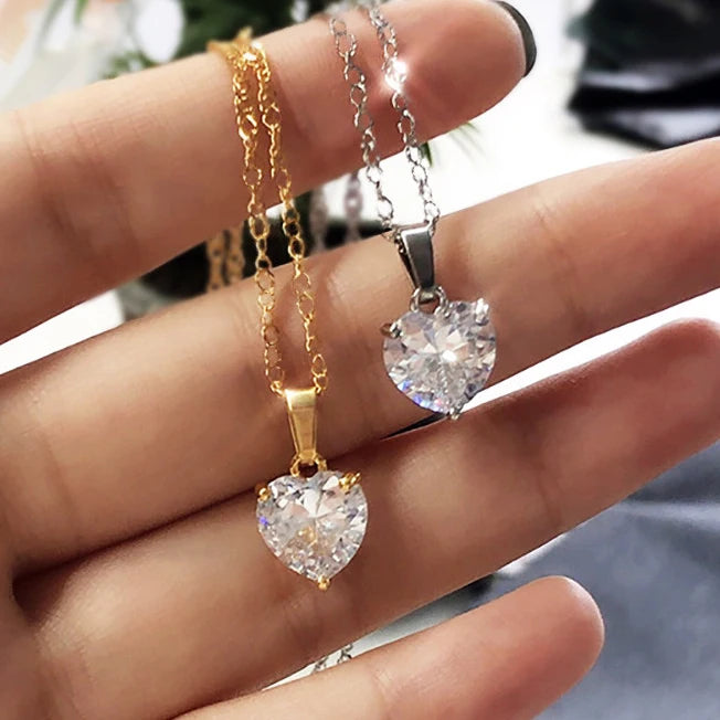 CAOSHI Fashion Heart Zircon Necklace for Women Silver Gold Color Chain Cute Zircon Female Single Heart CZ Pendant Necklace Girls