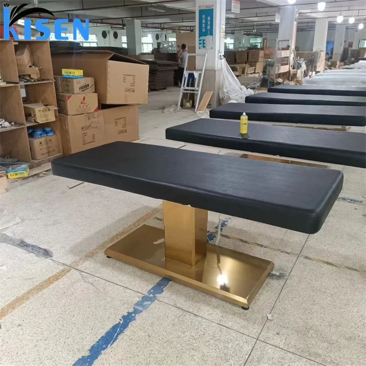 Kisen Modern Beauty Spa Cosmetic Table 80cm Black Massage Treatment 3 Electric Motors Curved Lash Bed Gold Base for Bedroom Sale
