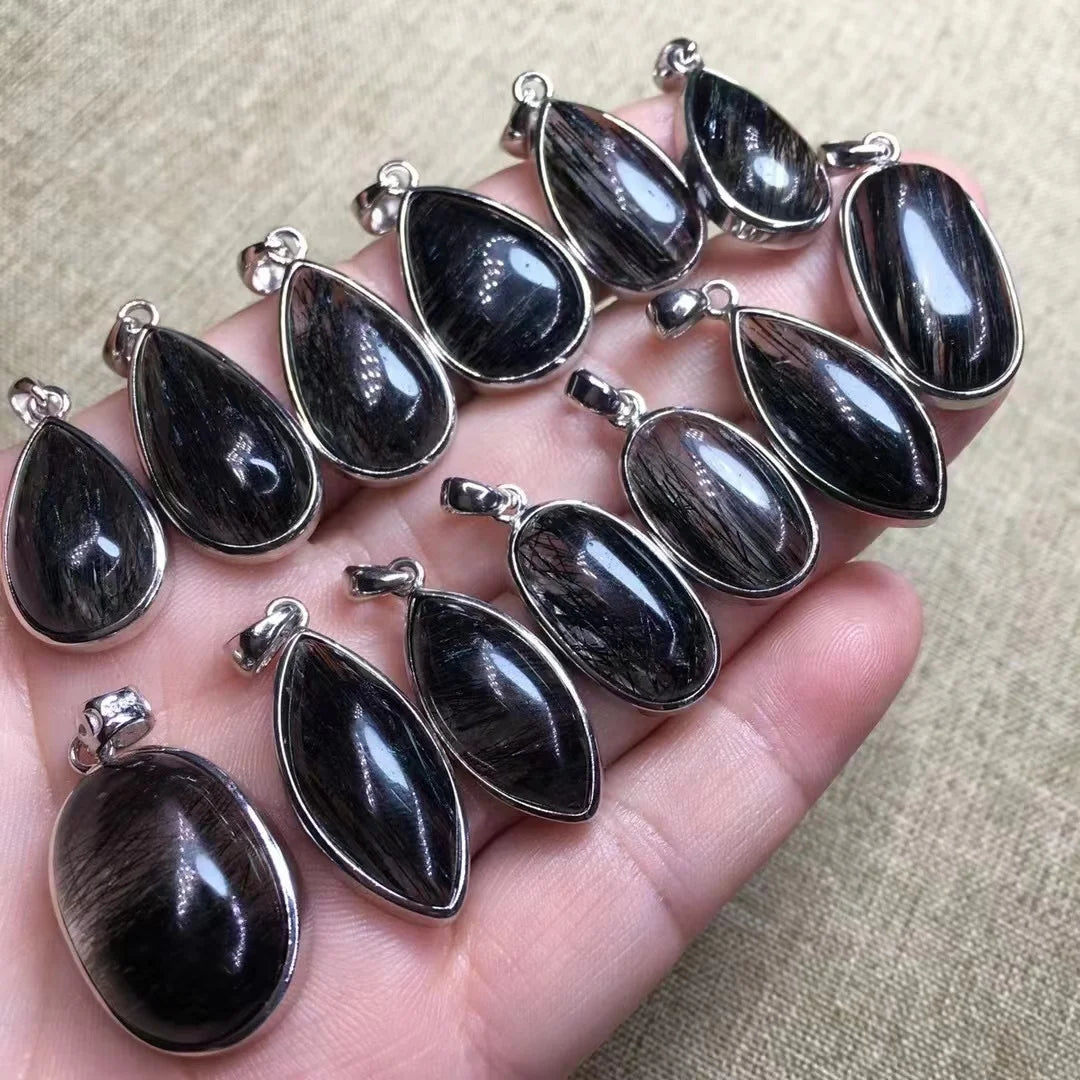 Wholesale Fashion Custom Natural Healing Stones Jewelry 925 Silver Black Rutilated Quartz Pendant Necklace