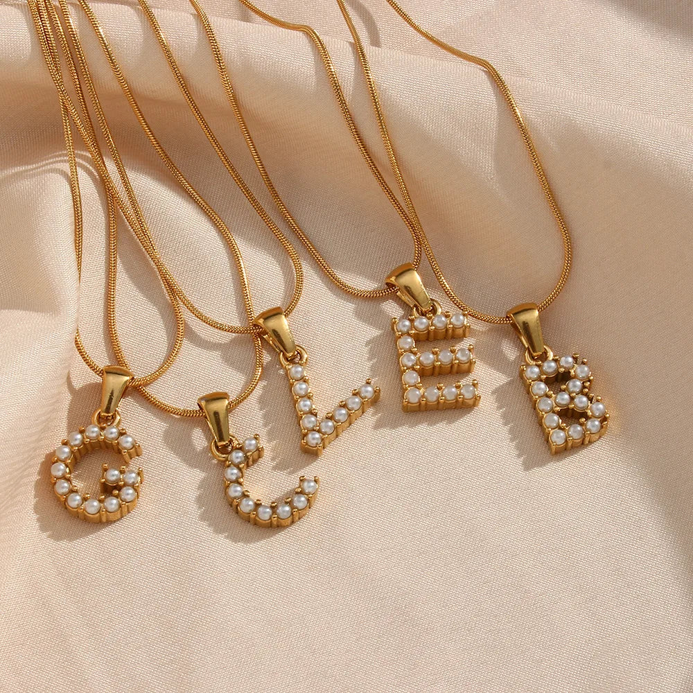 Custom 26 Initial Letter Pearl Pendant Necklace Thin Snake Chain Stainless Steel Alphabet Pearl Pendant Necklace