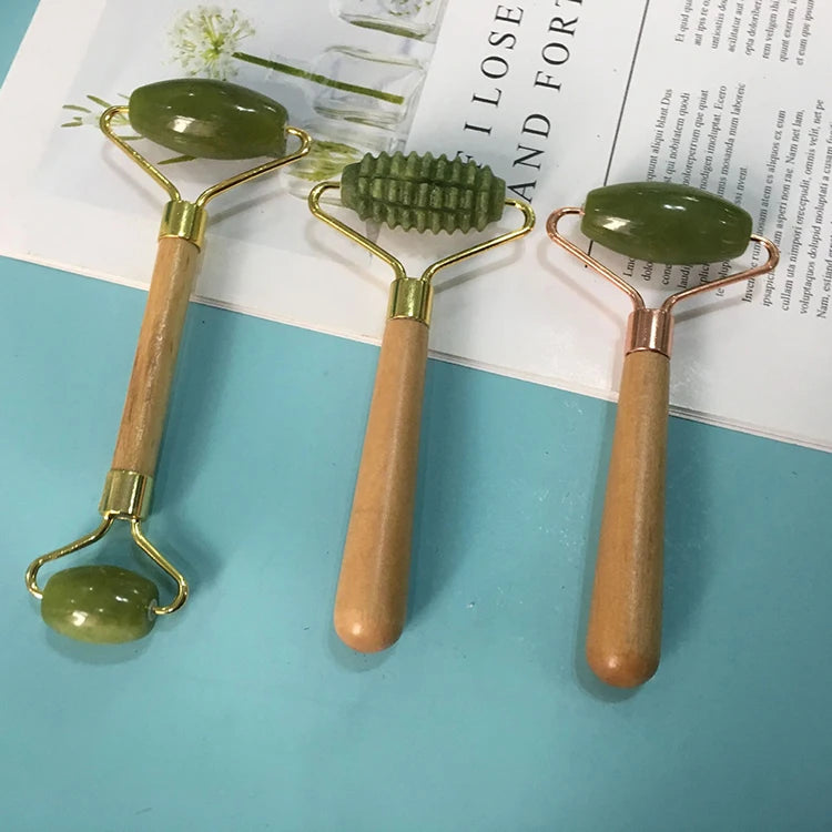 DIY Wooden Handle Cheap Natural Green Jade Stone Mini Jade Roller