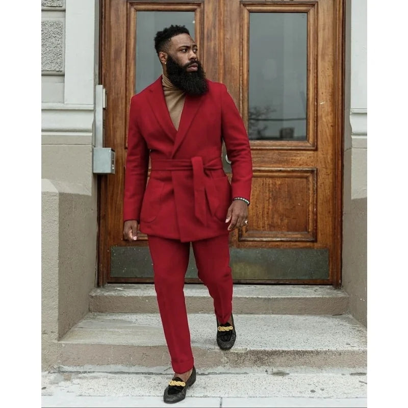 Custom Made Red Men Suits With Belt Fashion Design Men Prom Suits Two Pieces Handsome Spring Wedding Suits Blazer Coat+Pant