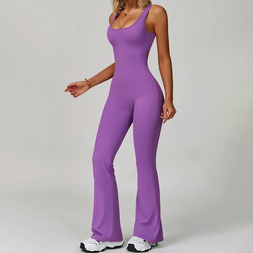 New Fashion Yoga One Piece Jumpsuit Gym Workout Sports Backless Gym Flare Leggingss Jumpsuits for Women