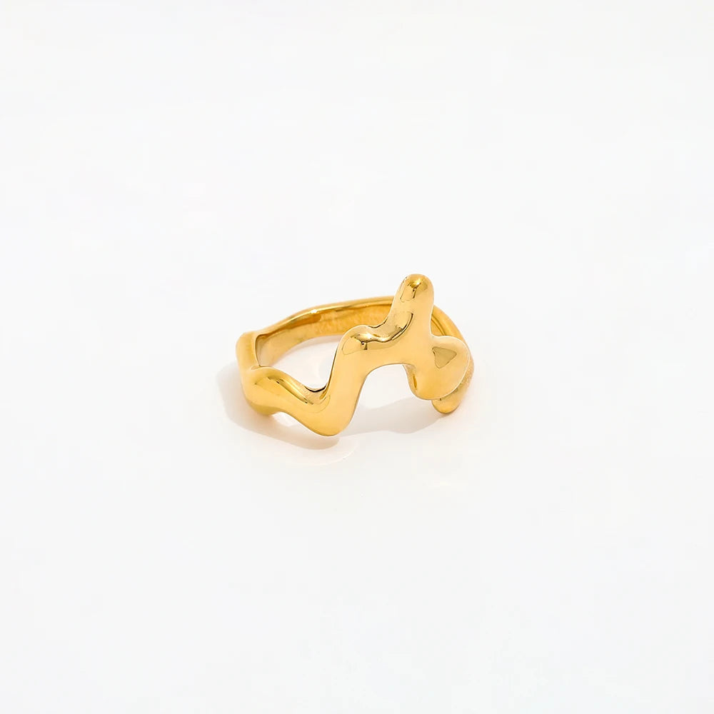 Joolim High End 18K Gold Plated Stainless Steel Chunky Fluid Abstract Irregular Open Rings for Women Finger Ring Wholesale