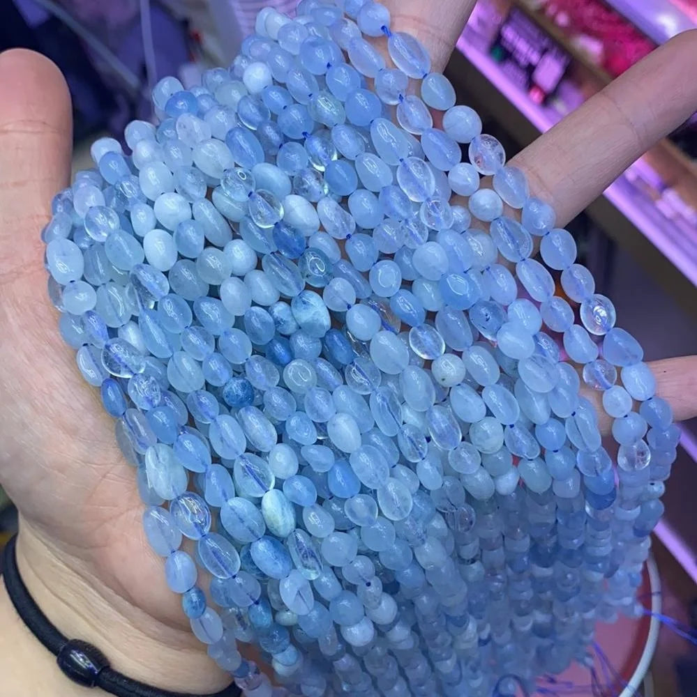 6-8mm Natural Aquamarine Stone Beads for Jewelry Making Oval Round Irregular Shape Gemstone Beads with Healing Energy 15''