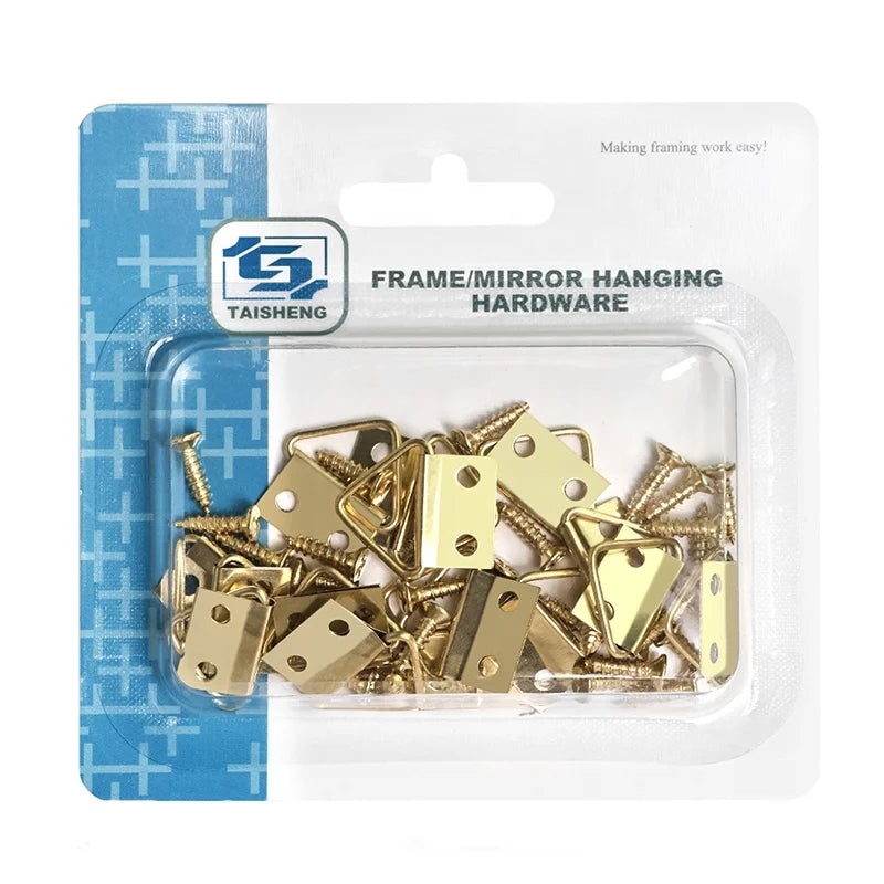 45PCS TS-K018 Blister Box Taisheng Frame Hanger Set Triangle Wire Photo Frame Hooks Nails Double Holes Golden Color D Ring