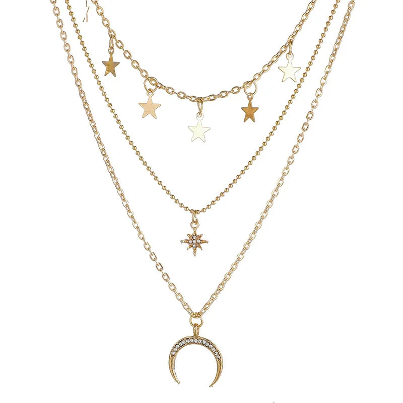 Retro Star Moon Multi Layer Necklace Pentagram Collar Chain for Women Jewelry