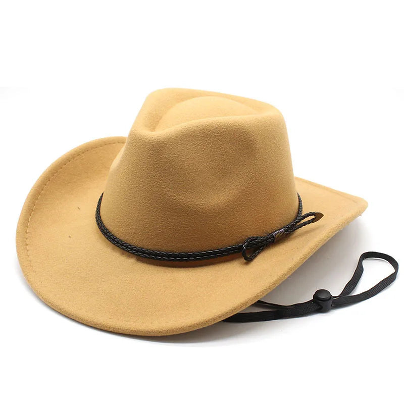 Flat Top Hat With Rope Retro Felt Wide Brim Western Cowboy Cowgirl Hat