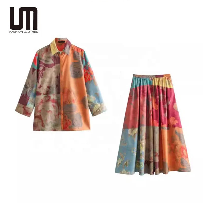 Liu Ming Latest Products 2024 Spring Summer Women Casual Print Long Sleeve Button up Shirt Blouses a Line Pleated Skirt Set