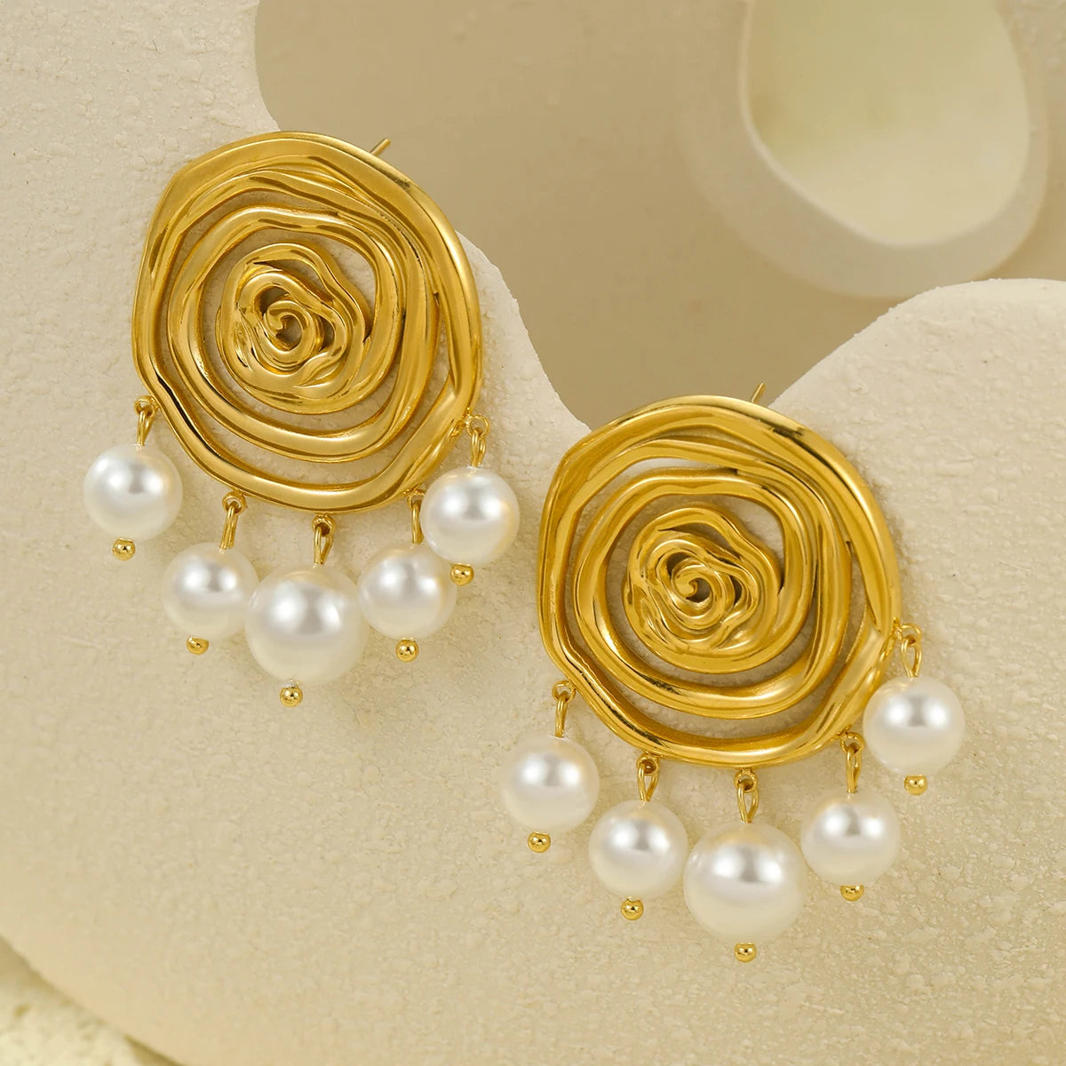 18K Gold Plated Unique Spiral Pearl Earrings and Necklaces Jewelry Set 316L Stainless Steel Non-Tarnish for Women