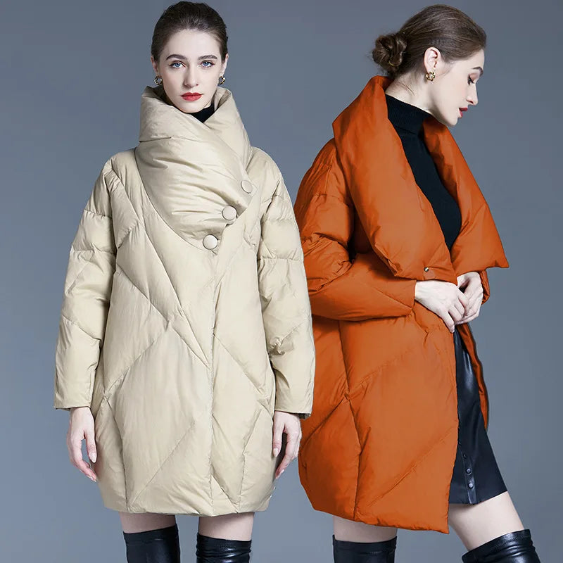 European and American Women's Long White Duck down Jacket Loose Plus Size Thick Warm Profile Coat for Winter