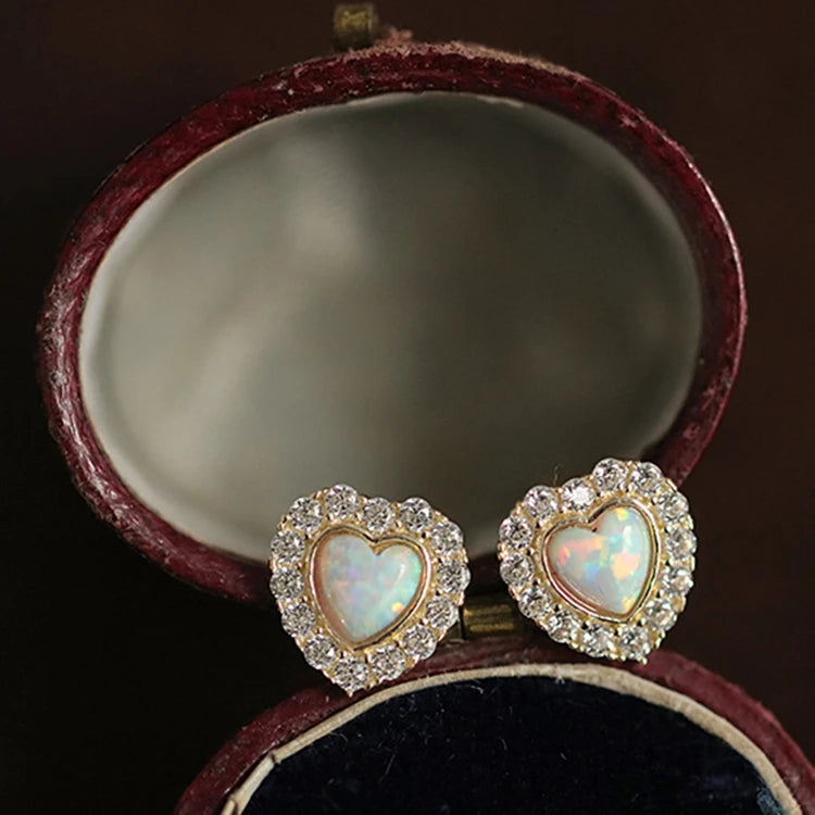 2025 Minimalist Luxury Design S925 Gold Plating Love Heart Stud Opal Earrings