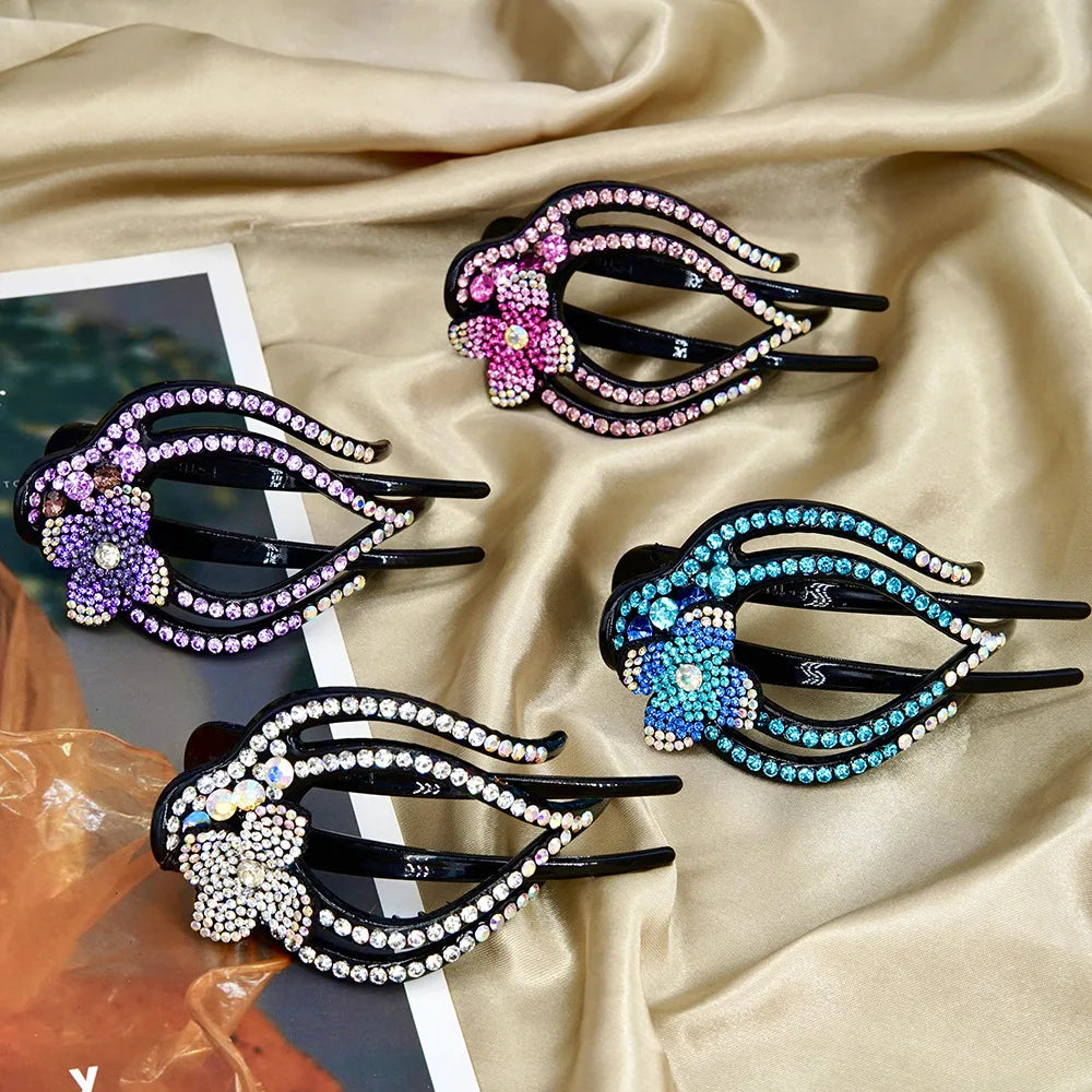 New Fashion French Elegant Hair Claws For Women Colorful Rhinestone Duckbill Hair Clip Three Teeth Clamp With Crystal Flower