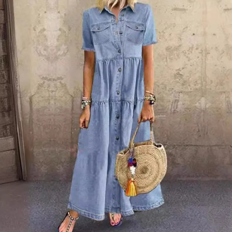 2025 Summer Casual Vintage Dress New European American Multi-Buckle Denim Washed Technique Long Independent Station AliExpress