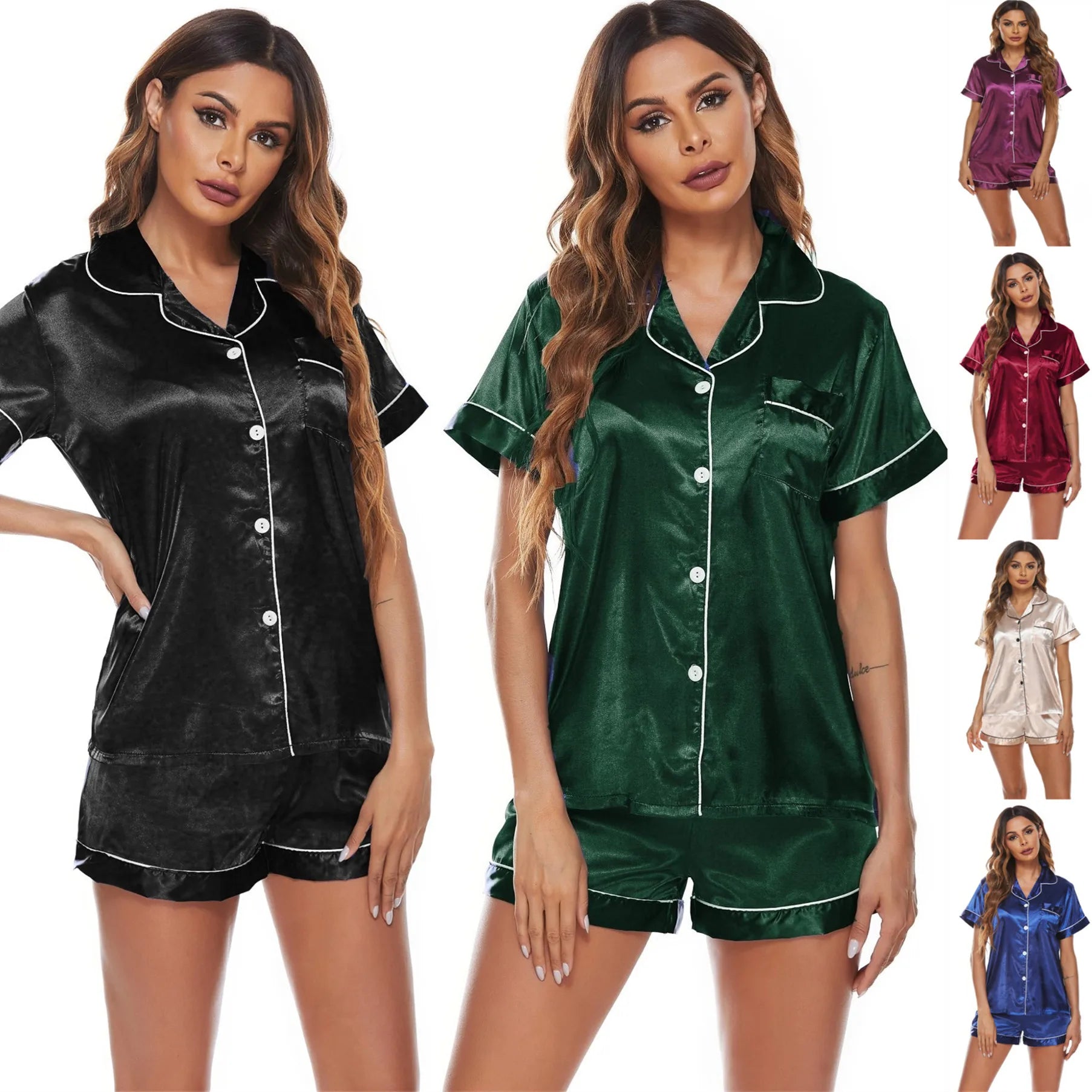 Custom Logo Two Pieces Sleepwear for Women Summer Short Set Silk Pajamas Ladies Pyjamas