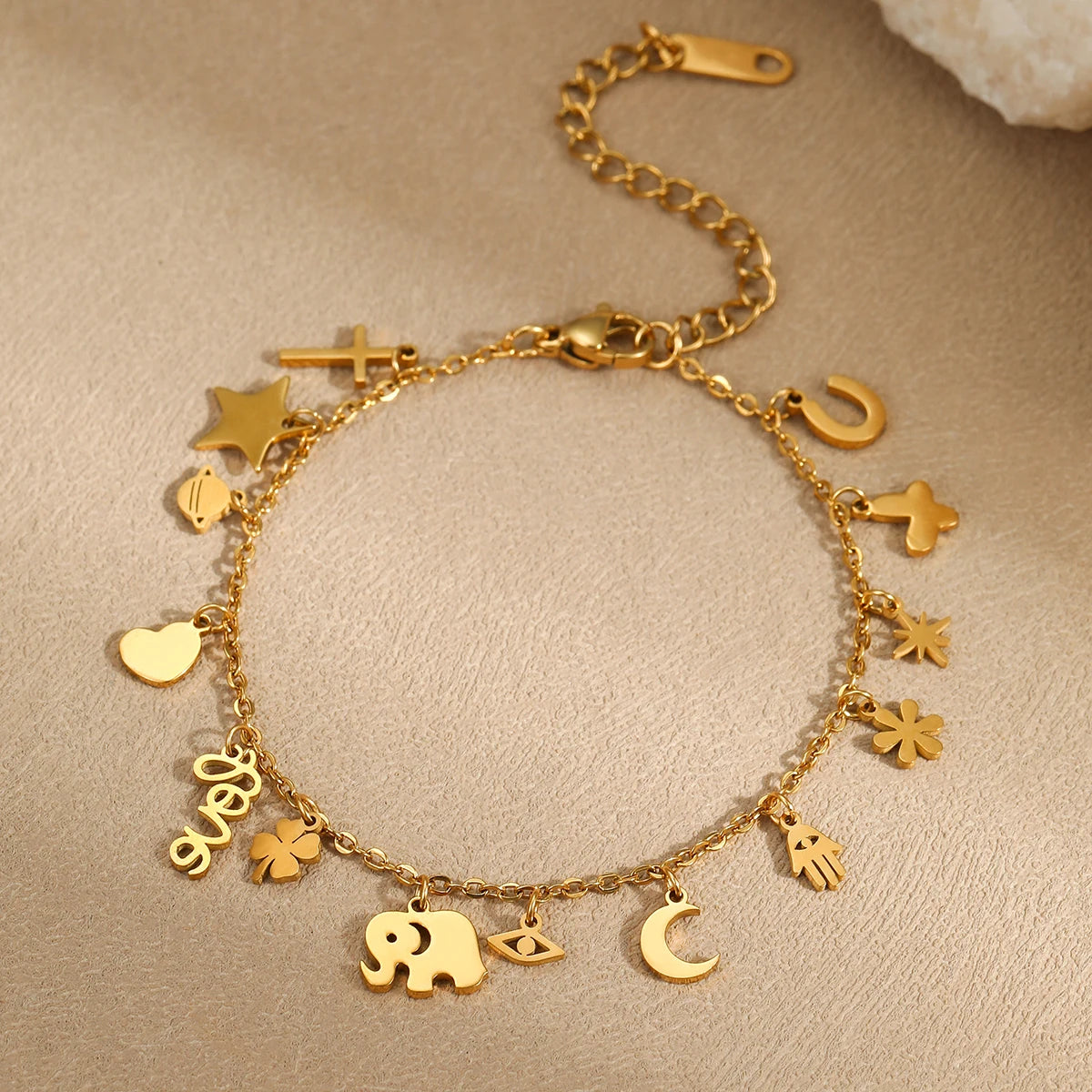 Lovely Trendy Stainless Steel Elephant Moon Star Heart Butterfly  Hexagram Flower Cross Charm Bracelet for Baby Gift