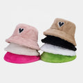 Landfond Accessory Winter Soft Faux Fur Plush Fisherman Cap love Pattern Embroidered Bucket Hat